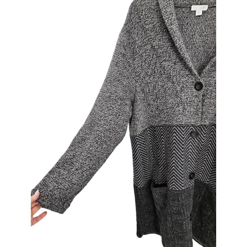 J Jill Long Button Front Cardigan Womens XL Herringbone Grey Wool Blend Pockets - Picture 4 of 12